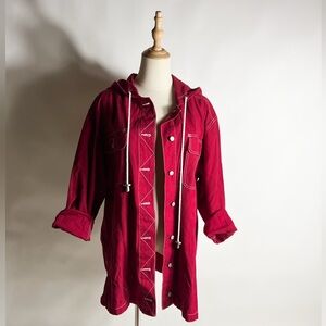 VINTAGE Cherry Red Cotton New England Nautical  Hooded Utility Spring Jacket L